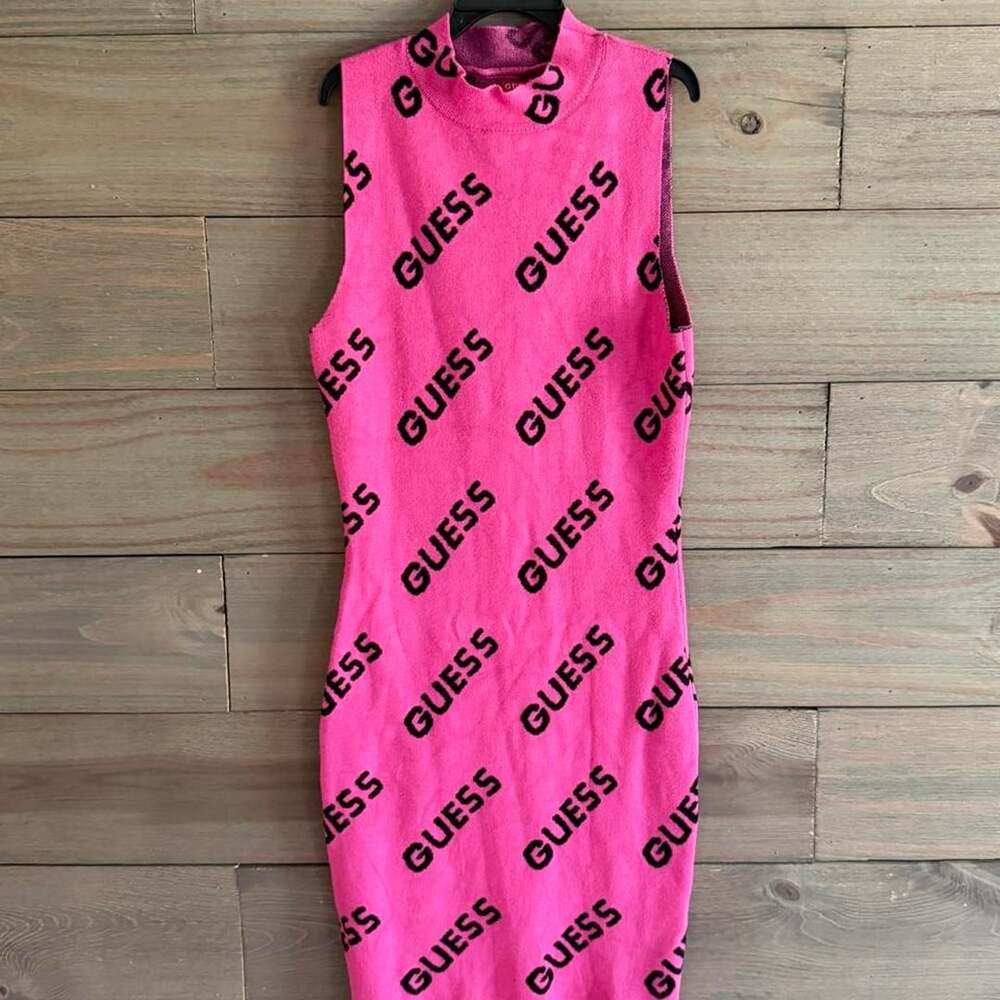 GUESS Pink All Over Logo Mock Neck Sleeveless Bodycon Knit Dress
